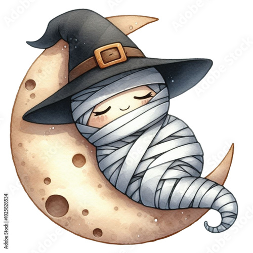 Cute mummy sleeping on the moon clipart watercolor
