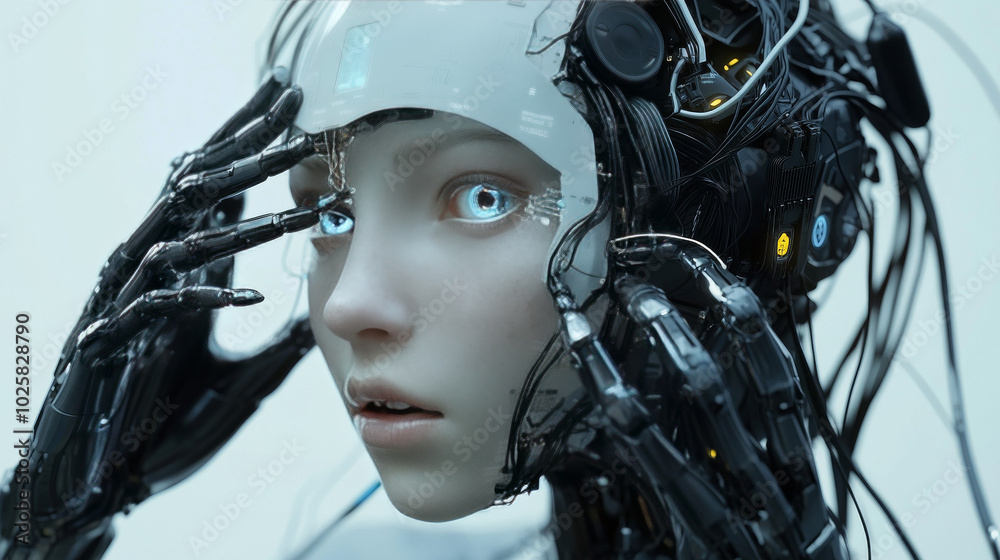 A robot woman, looking very human, has mechanical hands. Wires connect her head and brain to a computer system. She's being attacked by a hacker. A robot woman, looking very human, has mechanical hands. Wires connect her head and brain to a computer system. She's being attacked by a hacker.