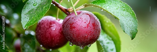  A tight shot of two ripe plums on a branch, surrounded by water-speckled leaves Fruit remains unhurriedly attached to the tree photo