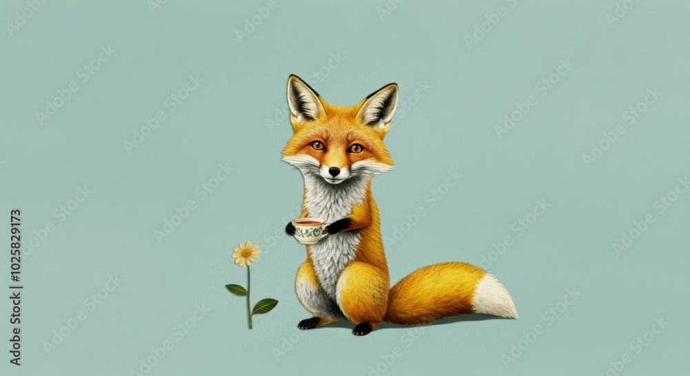 Fototapeta premium Charming fox holding teacup with flower on plain background
