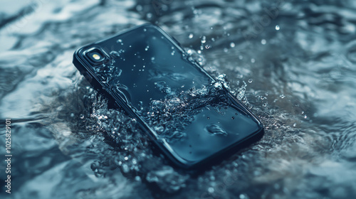 A black smartphone fell into the water and sank. The phone is waterproof or water-resistant, so it's okay. It's protected by a waterproof shield.