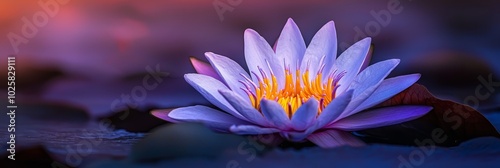  A tight shot of a purple bloom floating above tranquil water, dotted with waterlilies in the foreground, and a softly blurred, expansive sky beyond photo