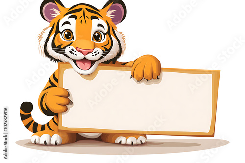 A cheerful cartoon tiger holding a blank sign, ready for messages or announcements. photo