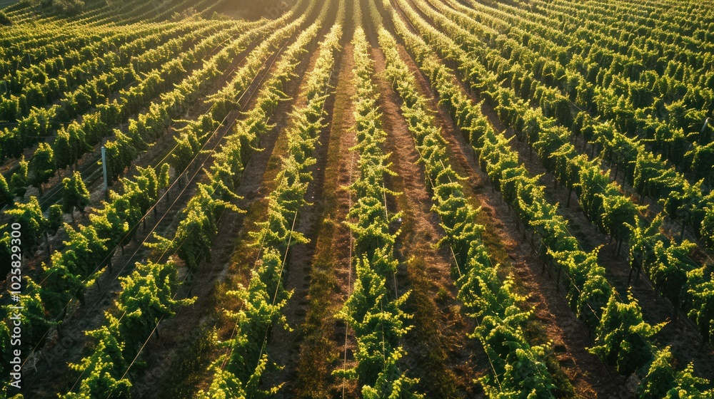 Aerial View of a Vineyard with Sunlight Shining Through the Rows of Vines Aerial View of a Vineyard with Sunlight Shining Through the Rows of Vines