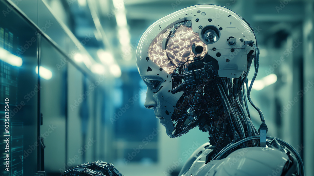 A powerful robot with a large, artificial brain is working on a task. A supercomputer processes data and analyzes business trends. This robot uses artificial intelligence and machine learning. A powerful robot with a large, artificial brain is working on a task. A supercomputer processes data and analyzes business trends. This robot uses artificial intelligence and machine learning.
