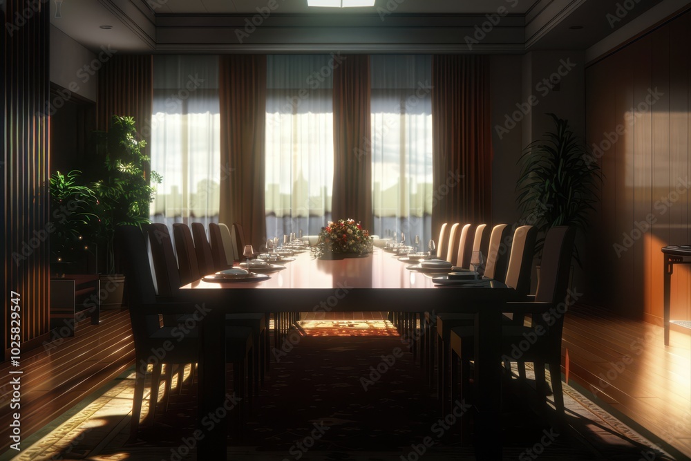 Fototapeta premium a dining room with a table and chairs