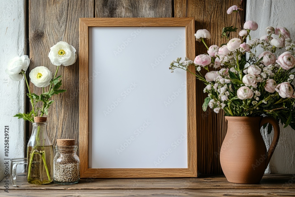 big empty photo frame, vase with ranunculus flowers. ai generated big empty photo frame, vase with ranunculus flowers. ai generated