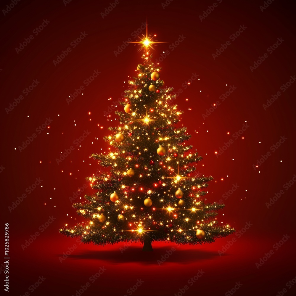 A glowing Christmas tree icon adorned with golden stars and ornaments, isolated on a red background A glowing Christmas tree icon adorned with golden stars and ornaments, isolated on a red background