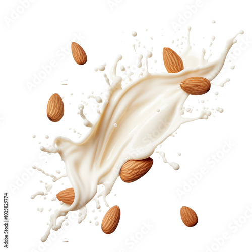 Almond milk splashes artistically with whole almonds surrounding it on a transparent background