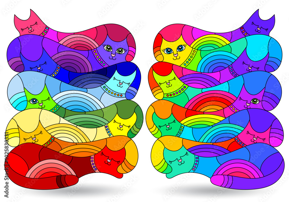 Naklejka premium A set of stained glass illustrations with abstract cats, animals isolated on a white background