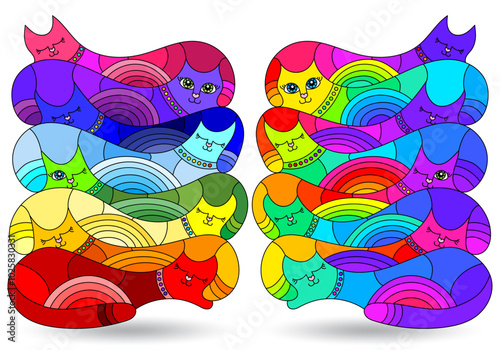 A set of stained glass illustrations with abstract cats, animals isolated on a white background