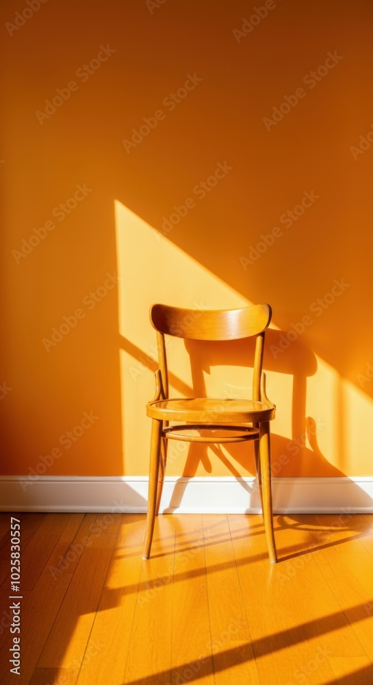 Warm sunlight casting shadows on wooden chair orange wall Warm sunlight casting shadows on wooden chair orange wall