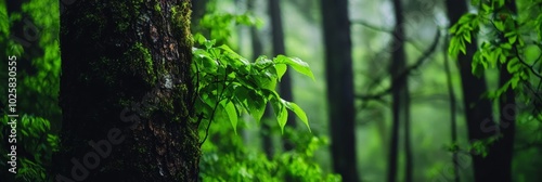  A tight shot of a tree in a forest, adorned with numerous green plants climbing its trunk