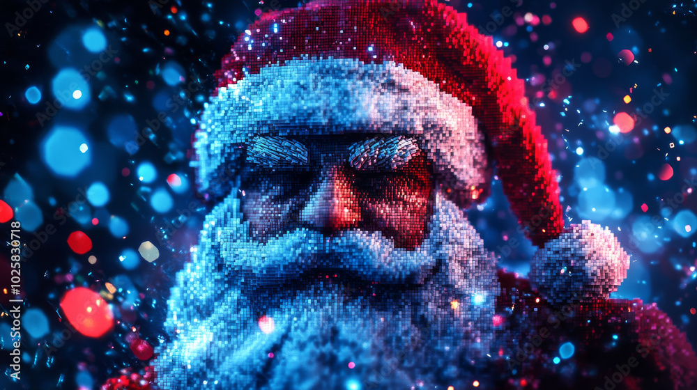A cool digital greeting card for 2025 with a pixelated Santa Claus face. It's perfect for a New Year's card or tech-themed calendar poster. A cool digital greeting card for 2025 with a pixelated Santa Claus face. It's perfect for a New Year's card or tech-themed calendar poster.