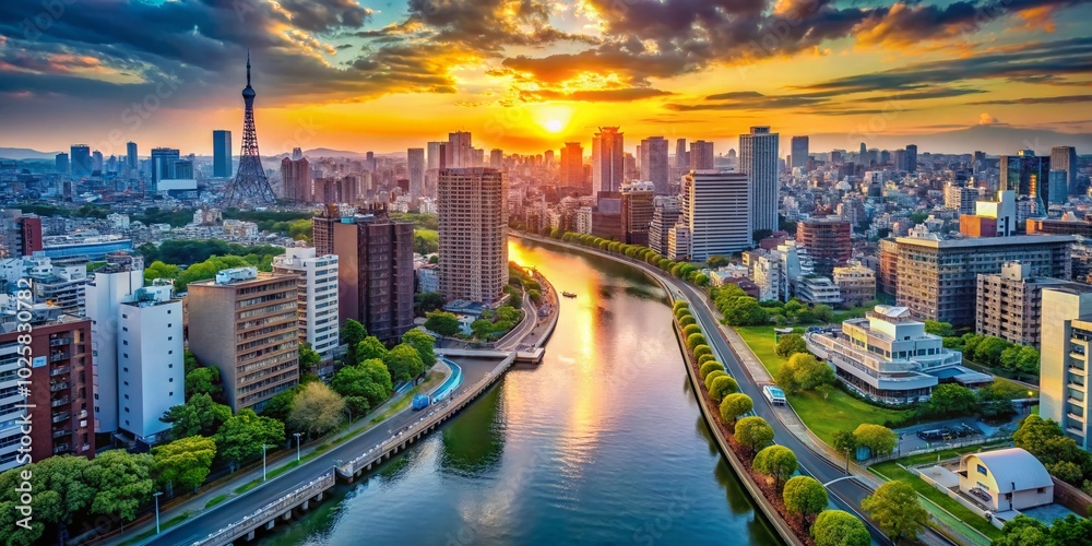 Fototapeta premium Modern Tokyo Skyline Reflections: Scenic River Landscape Photography