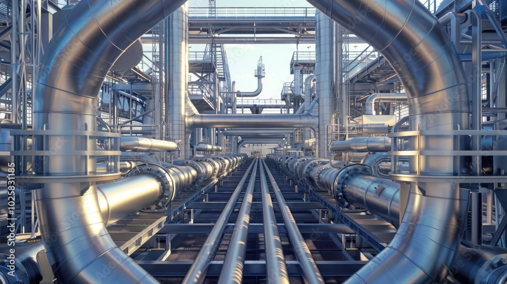 Industrial Piping System with Curved Pipes and Metal Structures