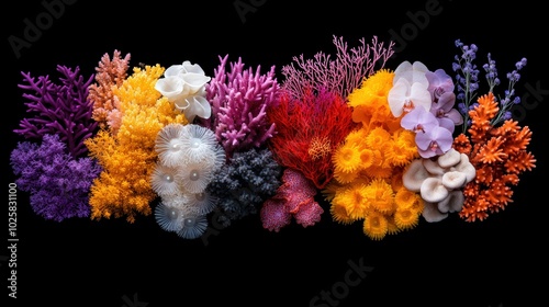 Colorful collection of vibrant coral reefs against a dark background. photo