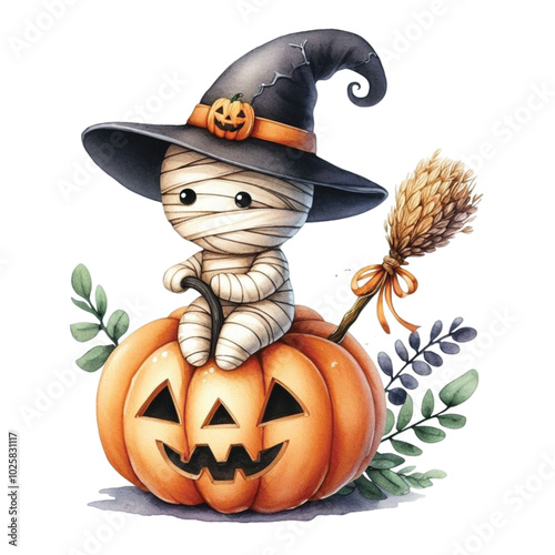 Cute mummy wearing a witch hat sitting on a pumpkin with Halloween clipart watercolor