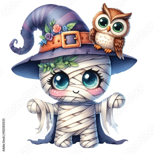 Cute mummy wearing a witch hat with an owl