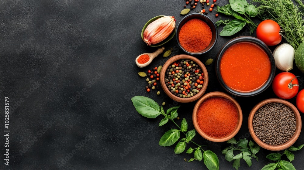 Colorful spices and ingredients arranged on a dark surface, perfect for culinary themes. Colorful spices and ingredients arranged on a dark surface, perfect for culinary themes.
