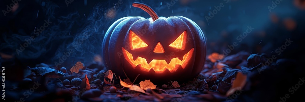 Fototapeta premium A jack-o-lantern pumpkin sits in a pile of leaves, its face aglow with an orange light