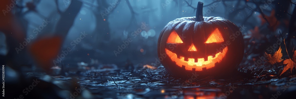 A jack-o-lantern in a forest, its face aglow with light A jack-o-lantern in a forest, its face aglow with light