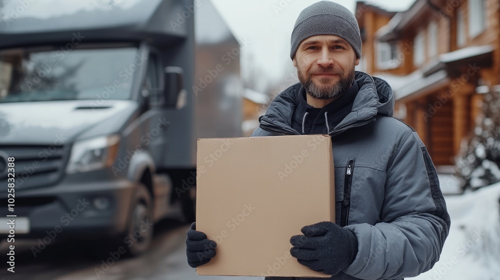 handsome man in gray uniform holding blank cardboard parcel, delivery man standing in front of the house, gray delivery truck on road in the background. ai generated handsome man in gray uniform holding blank cardboard parcel, delivery man standing in front of the house, gray delivery truck on road in the background. ai generated