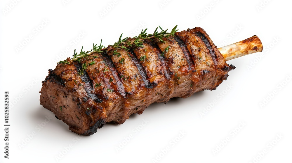 Deliciously grilled rack of lamb with herbs, white isolated background. Deliciously grilled rack of lamb with herbs, white isolated background.