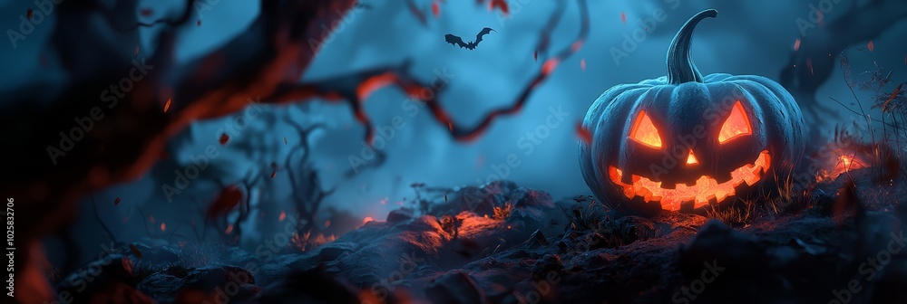 A jack-o-lantern atop a forested clearing Behind it, an ominous tree looms A jack-o-lantern atop a forested clearing Behind it, an ominous tree looms
