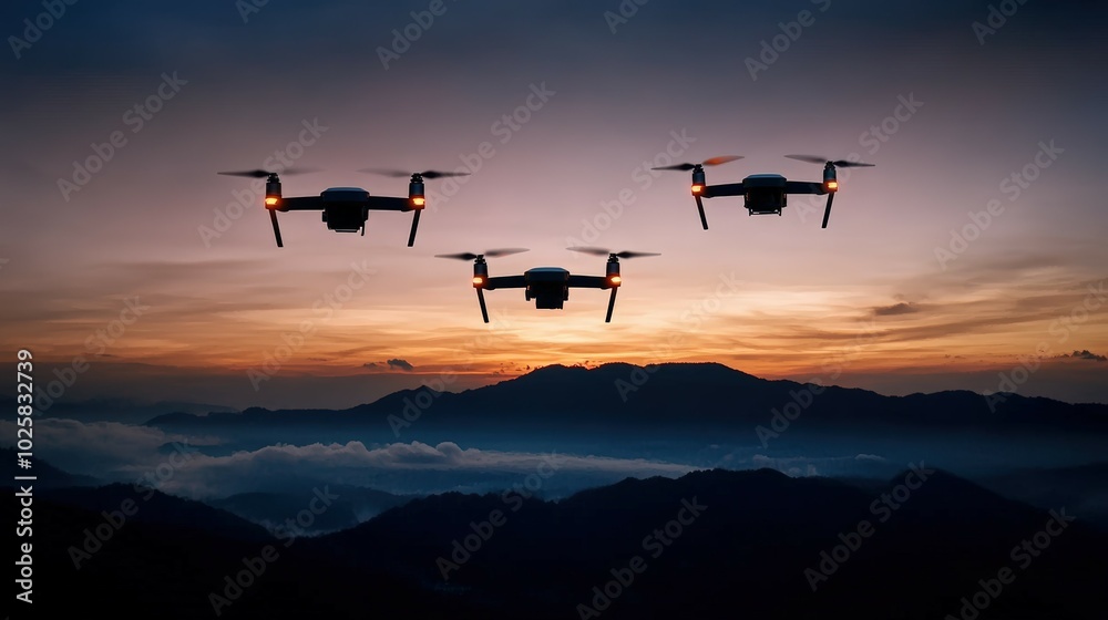 Drones flying in the sunset over a mountainous landscape, captivating aerial view. Drones flying in the sunset over a mountainous landscape, captivating aerial view.