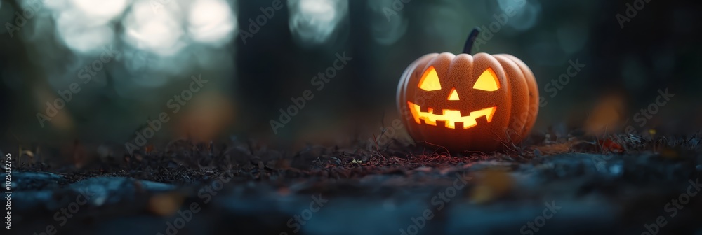 Fototapeta premium A carved pumpkin, labeled jack-o-lantern, sits centrally in a verdant expanse of grass Trees border the scene in the background