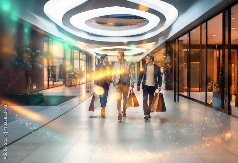 Fototapeta premium Three men walking together in a shopping mall, carrying shopping bags.