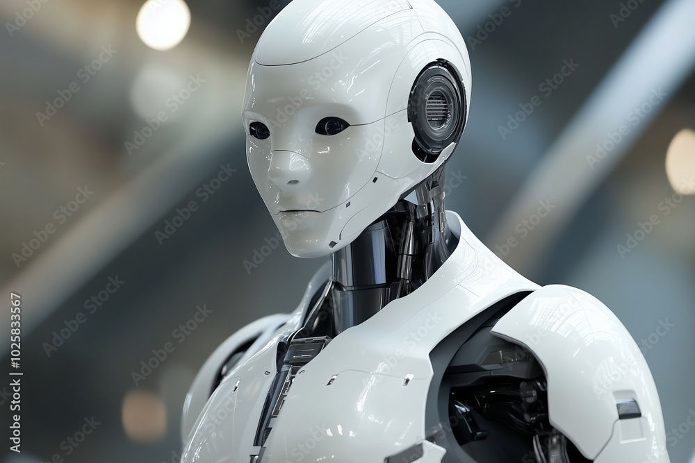 A close-up of a white humanoid robot with a detailed metallic neck. A close-up of a white humanoid robot with a detailed metallic neck.
