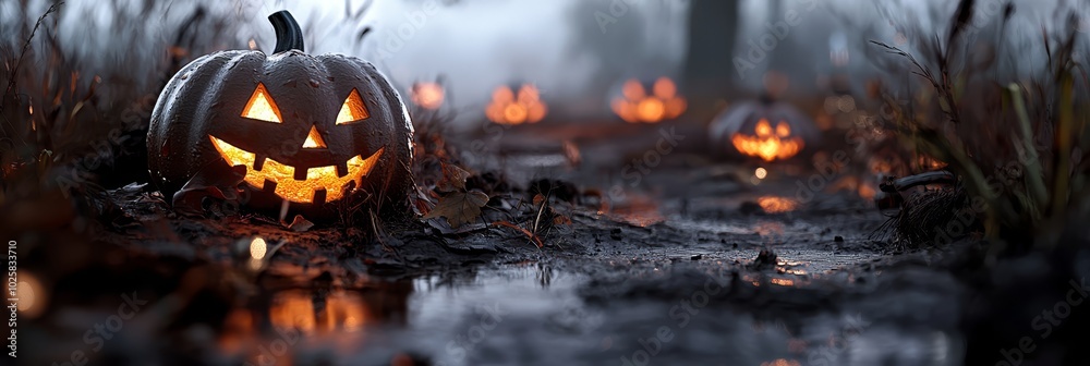 A jack-o-lantern sits in the heart of a swampy region, candles aglow behind A jack-o-lantern sits in the heart of a swampy region, candles aglow behind