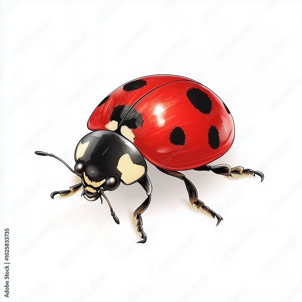 A detailed illustration of a ladybug with red shell and black spots. A detailed illustration of a ladybug with red shell and black spots.