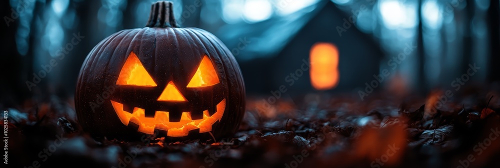 A lone pumpkin, carved as a jack-o-lantern, sits in the heart of the forest Behind it, two more jack-o-lanterns cast a soft A lone pumpkin, carved as a jack-o-lantern, sits in the heart of the forest Behind it, two more jack-o-lanterns cast a soft