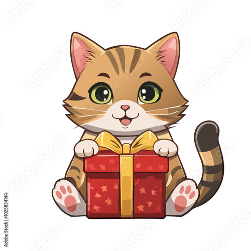 Cute cat holding christmas gift vector illustration. Children's drawing in cartoon style