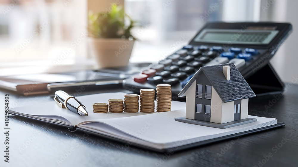tax day background,House model, house placed on a white surface, next to a calculator, a pencil, and some coins, symbolizing home finances, budgeting, or real estate planning. tax day background,House model, house placed on a white surface, next to a calculator, a pencil, and some coins, symbolizing home finances, budgeting, or real estate planning.