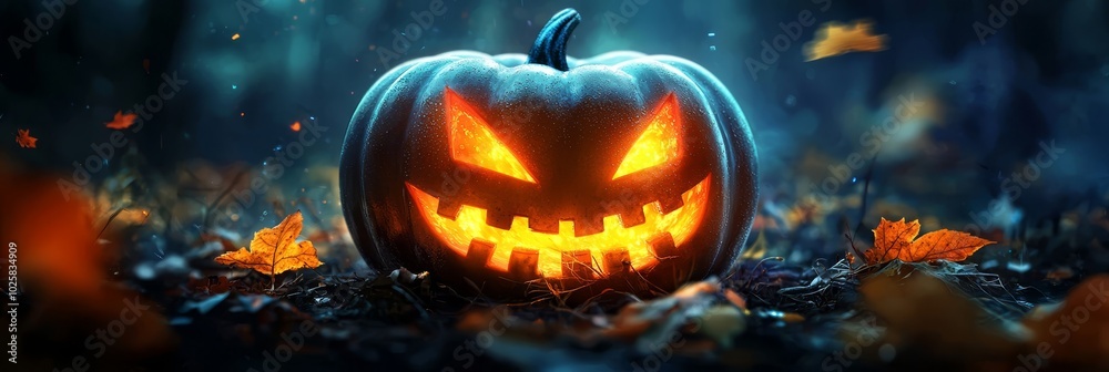 A jack-o-lantern pumpkin with glowing eyes and surrounding glowing leaves in a dark forest A jack-o-lantern pumpkin with glowing eyes and surrounding glowing leaves in a dark forest