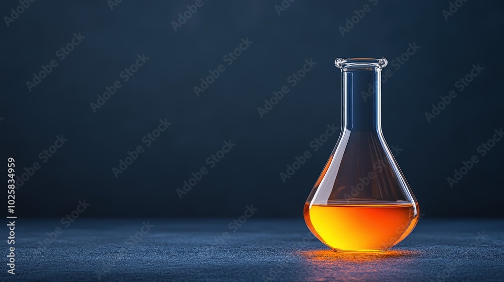 Laboratory flask with orange liquid on a dark background, isolated view. Laboratory flask with orange liquid on a dark background, isolated view.