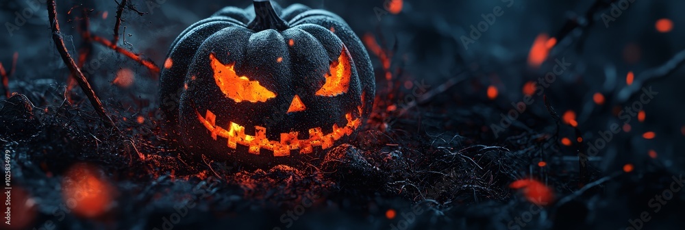 Fototapeta premium A jack-o-lantern pumpkin glows in the dark with open eyes, aglow on the ground