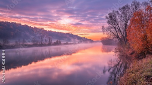 Misty River at Sunrise with Silhouetted Trees and Colorful Sky