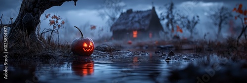  A Halloween pumpkin floats in the middle of a tranquil lake, preceding a quaint house with a ghoulishly carved facade photo