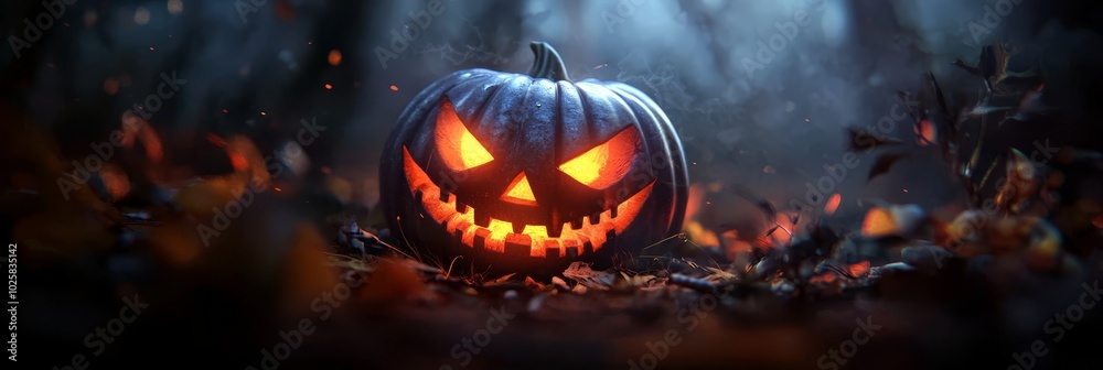 Fototapeta premium A jack-o-lantern pumpkin glows in the dark, leaves scattered on the ground in the foreground