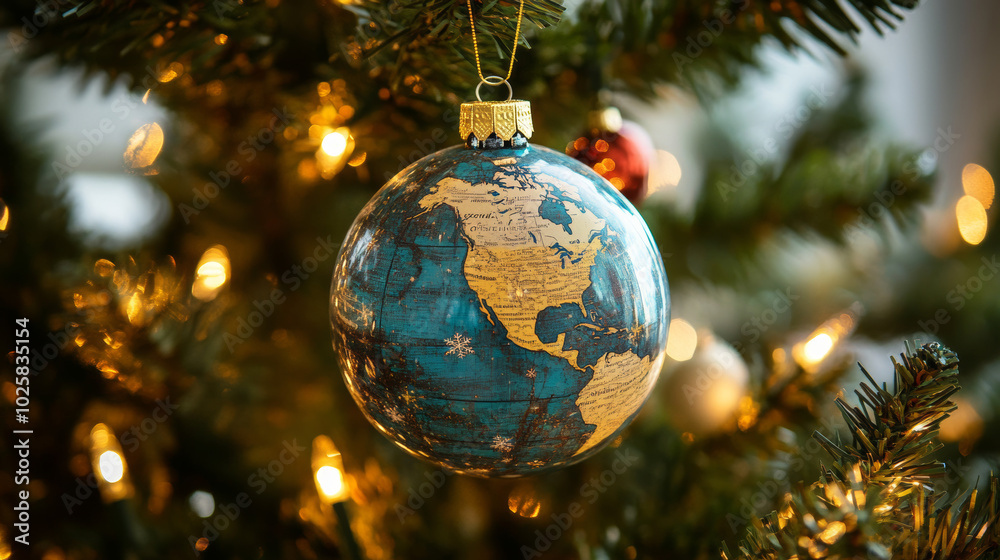 A shiny globe, like a Christmas ornament, hangs on a Christmas tree. It represents the internet and wishes you a happy holiday season! A shiny globe, like a Christmas ornament, hangs on a Christmas tree. It represents the internet and wishes you a happy holiday season!