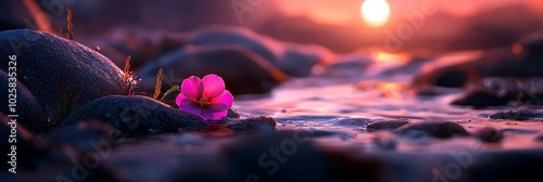  A pink flower atop rocks, by a water body, sunset backdrop
