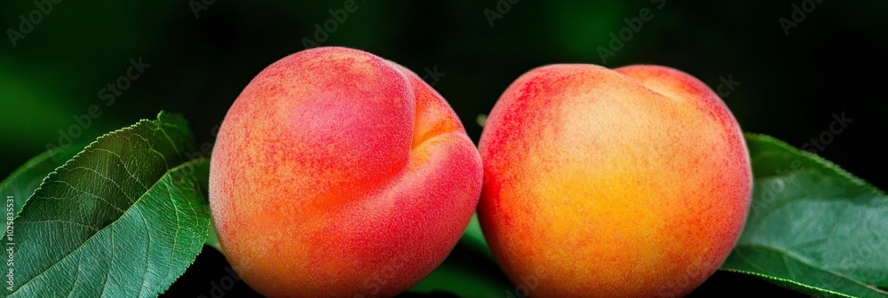 Two peaches resting side by side on a green, leafy branch, bearing fruit above Two peaches resting side by side on a green, leafy branch, bearing fruit above