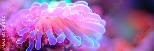  A tight shot of a pink-blue sea anemone against a backdrop of various corals
