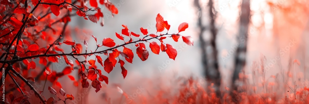 A tree with distinctly red leaves stands prominently in the foreground, while a backdrop of trees, their red leaves softly blurred, recedes into the distance A tree with distinctly red leaves stands prominently in the foreground, while a backdrop of trees, their red leaves softly blurred, recedes into the distance
