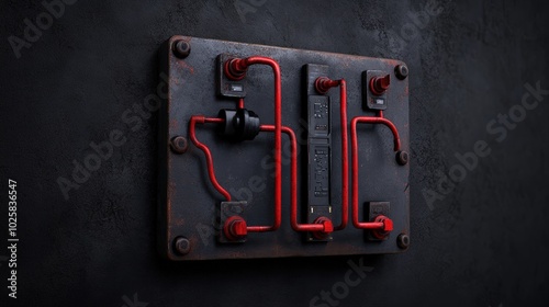 Red electrical circuit board with wires, dark isolated background. photo